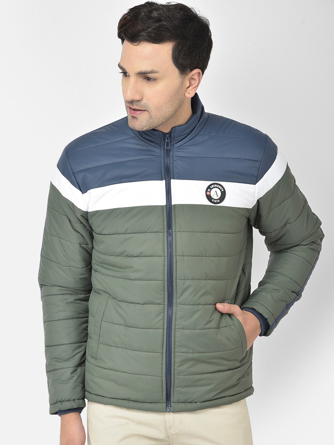 

COBB Men Grey Olive Green Colourblocked Lightweight Padded Jacket with Patchwork