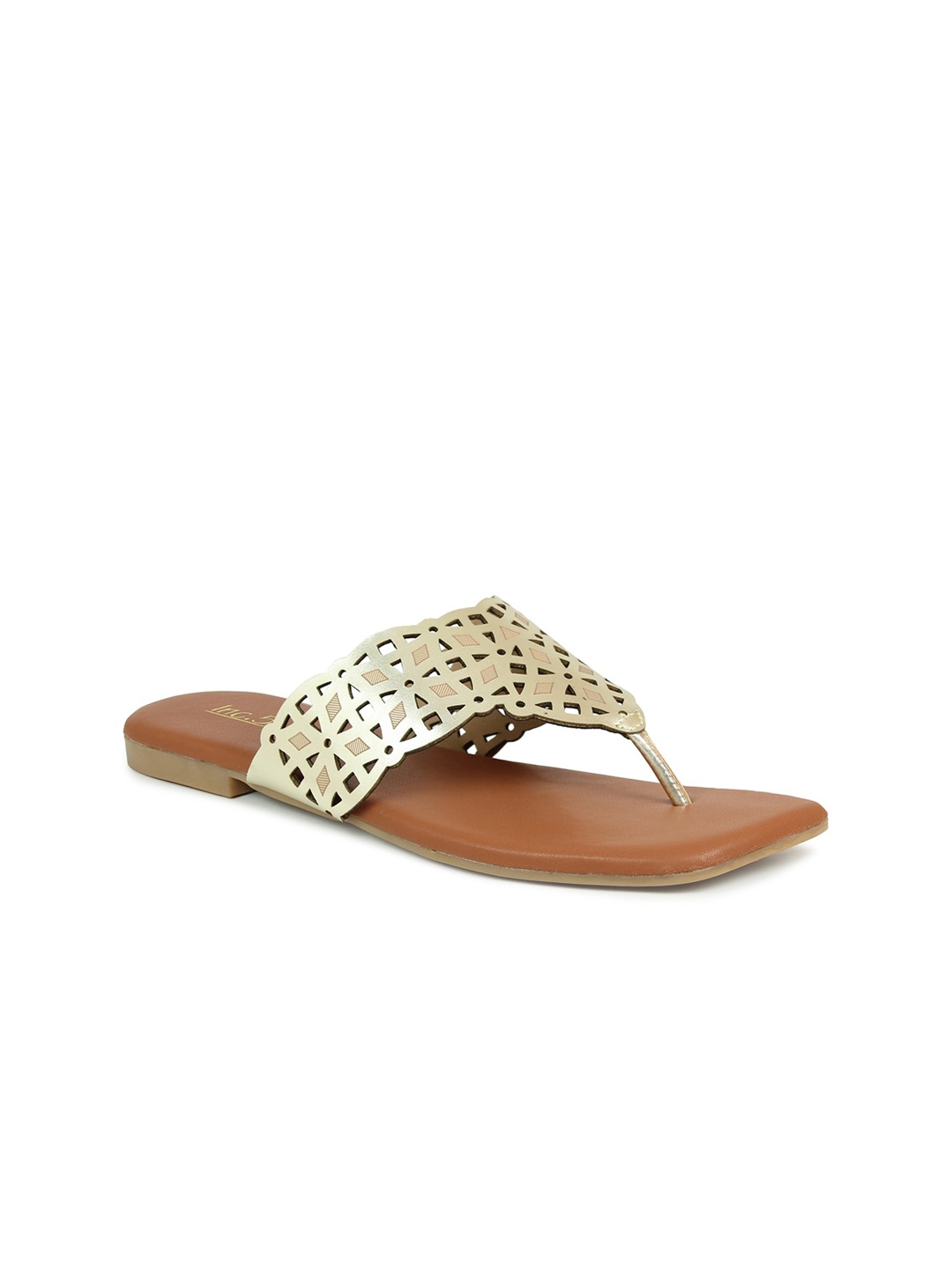 

Inc 5 Women Gold-Toned T-Strap Flats with Laser Cuts