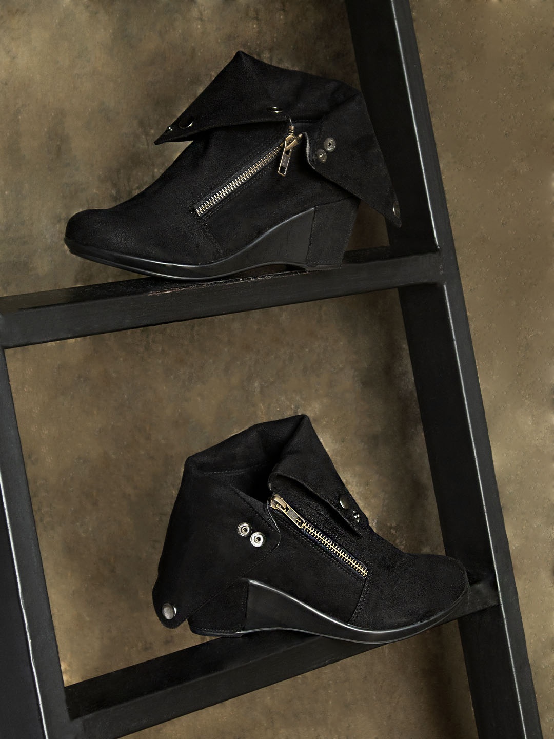 

Inc 5 Black Wedge Heeled Boots with Buckles