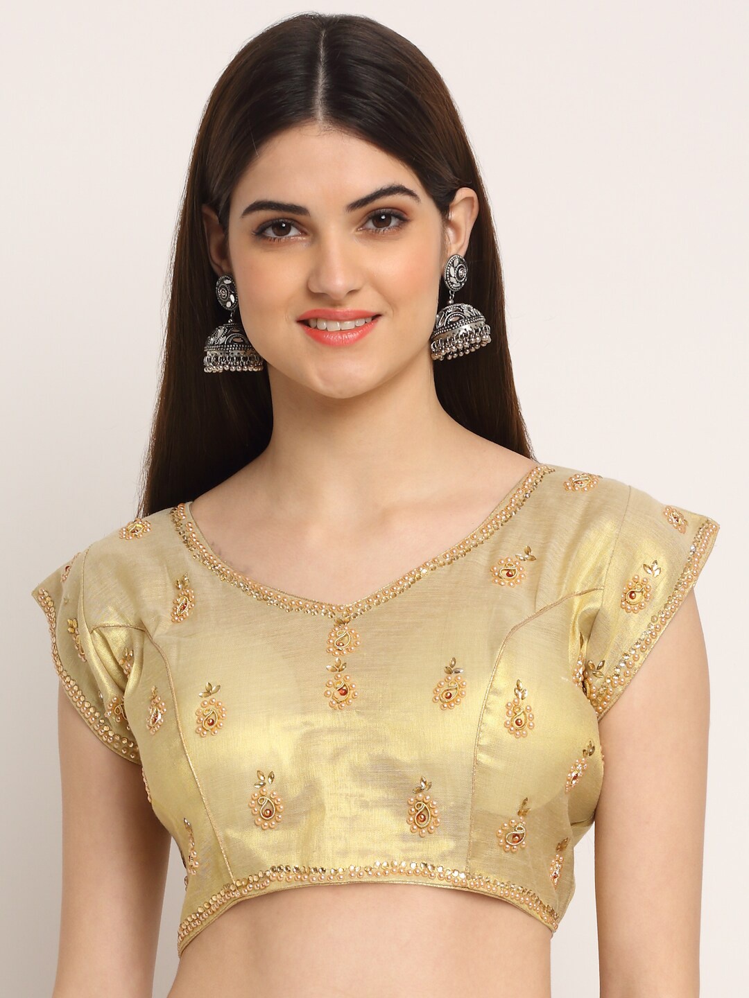 

Grancy Women Gold-Coloured Embroidered Saree Blouse
