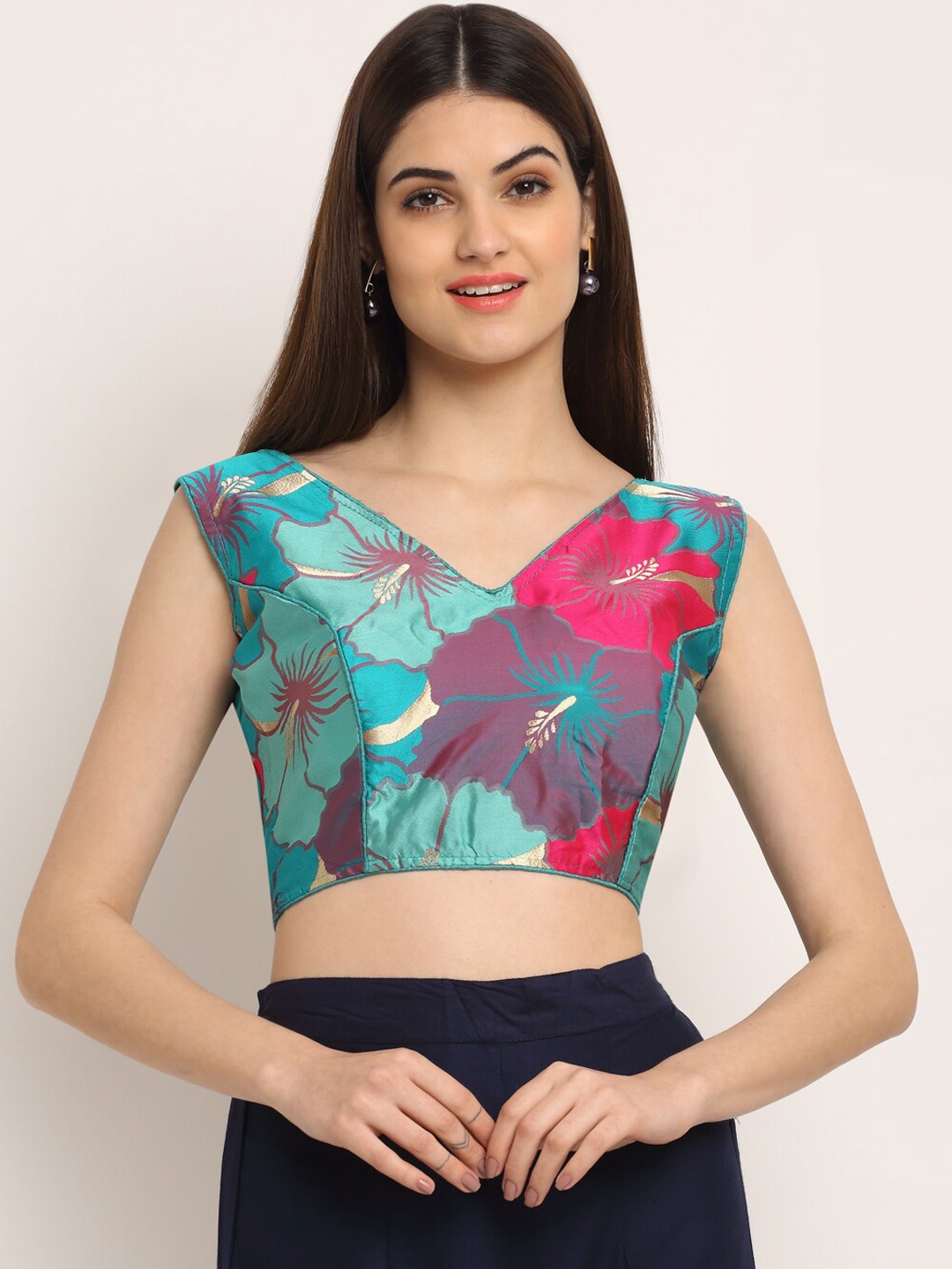 

Grancy Women Blue & Pink Printed Saree Blouse