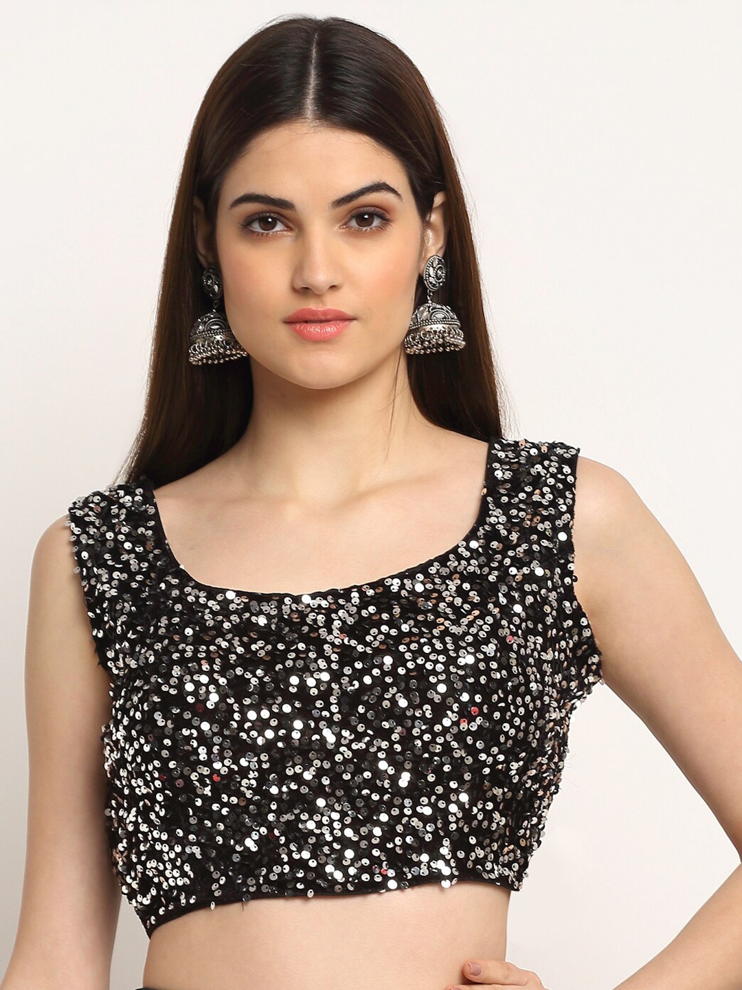 

Grancy Women Black & Silver-Coloured Embellished Saree Blouse