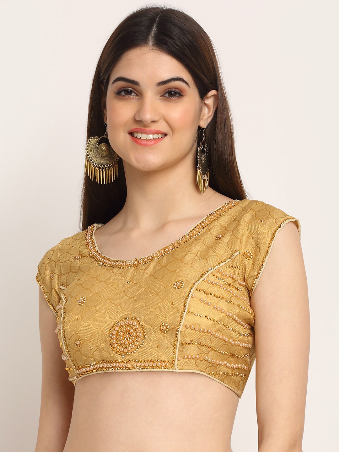 

Grancy Women Gold-Coloured Embroidered Saree Blouse