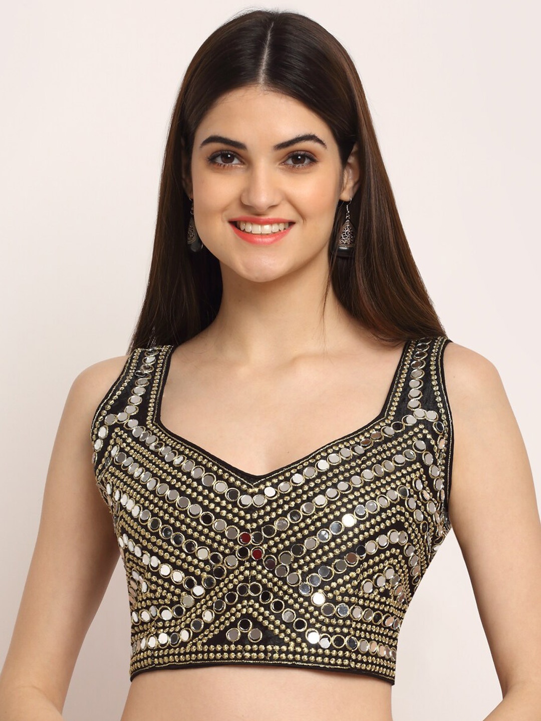 

Grancy Women Black & Gold-Coloured Embellished Readymade Saree Blouse
