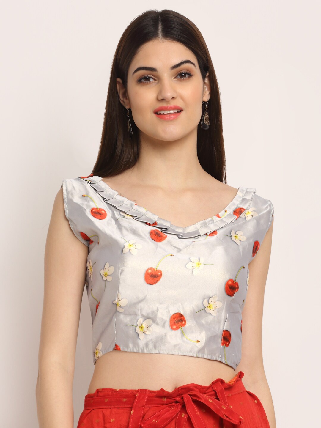 

Grancy Women Grey & Red Printed Saree Blouse