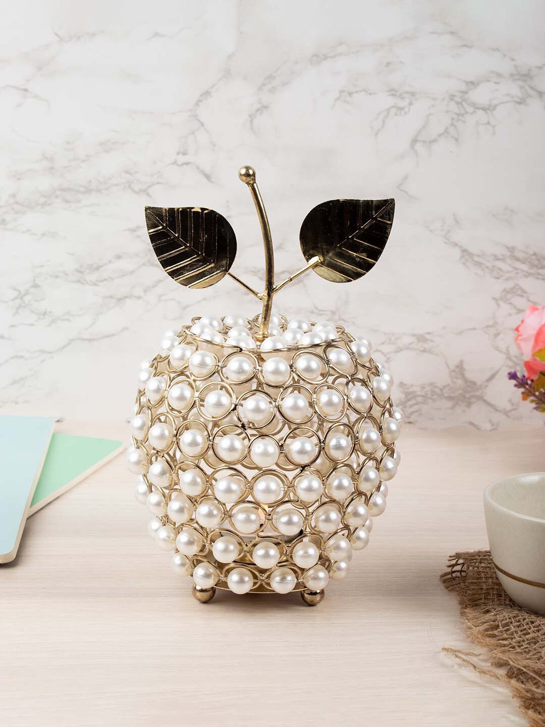 

MARKET99 Gold Toned & White Decorative Iron Crystal Tealight Candle Holder