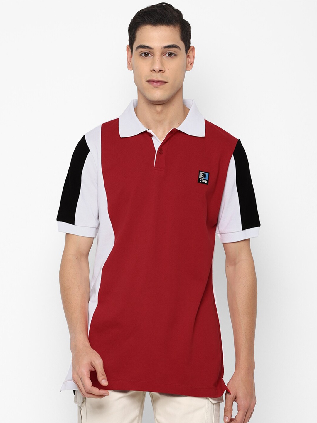 

FOREVER 21 Men Red & White Colourblocked Pure Cotton Polo Collar T-shirt