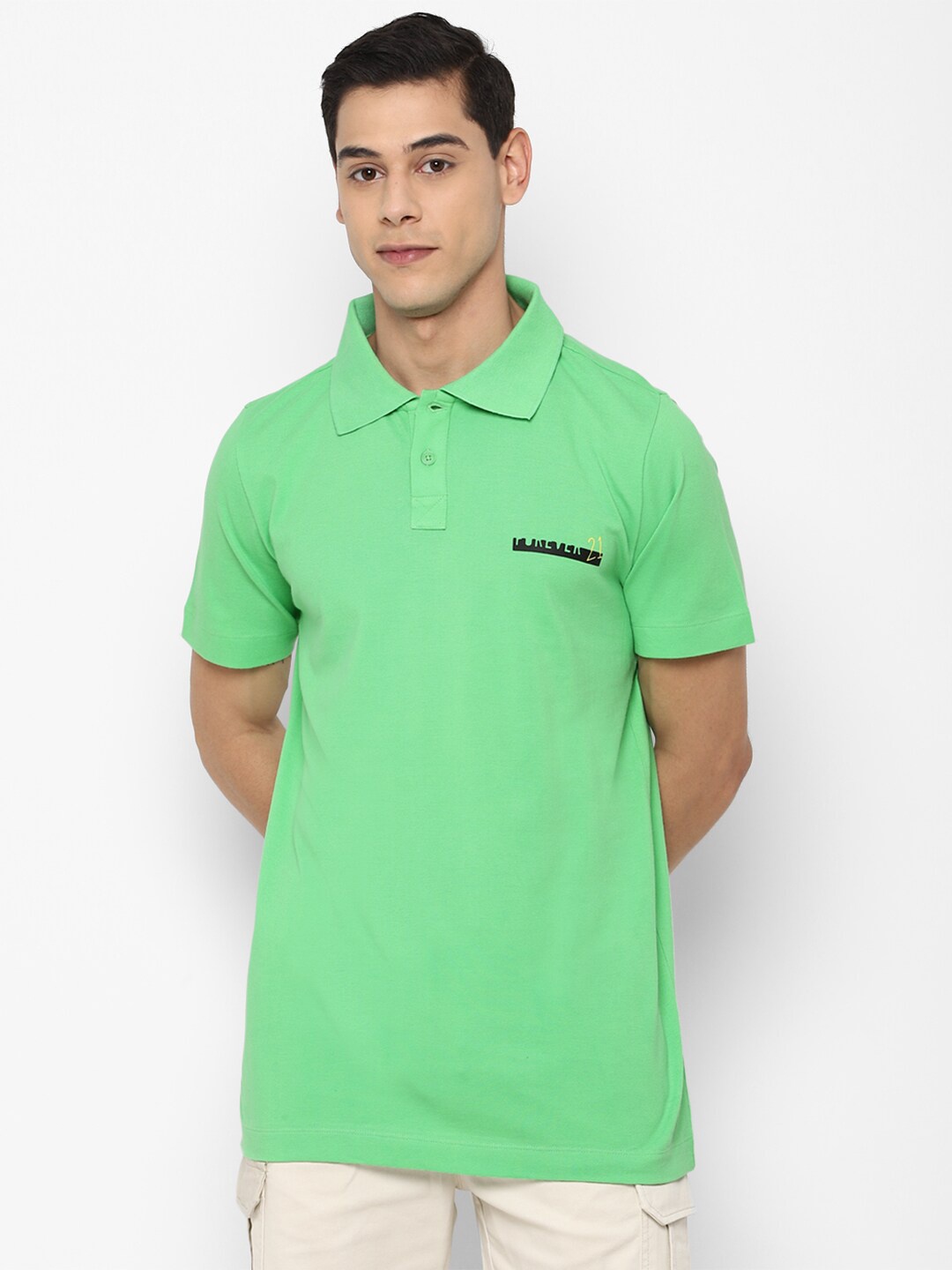 

FOREVER 21 Men Green Polo Collar Cotton T-shirt