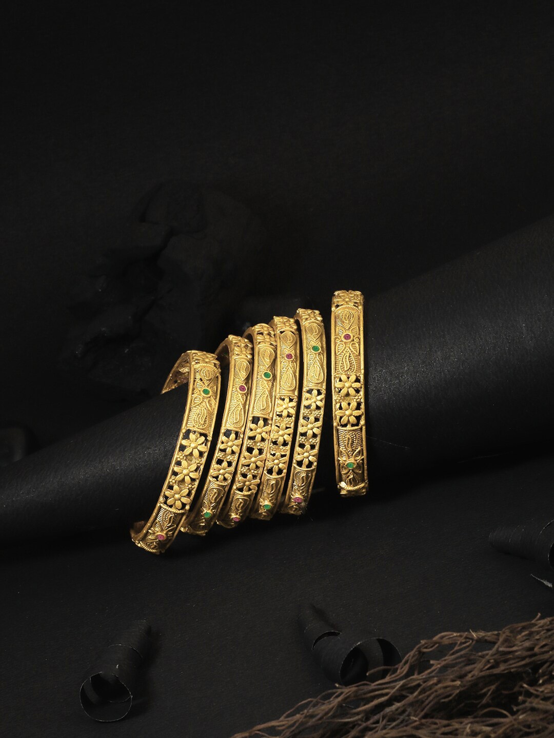 

Adwitiya Collection Set Of 6 24 CT Gold-Plated Red & Green Stone-Studded Bangles