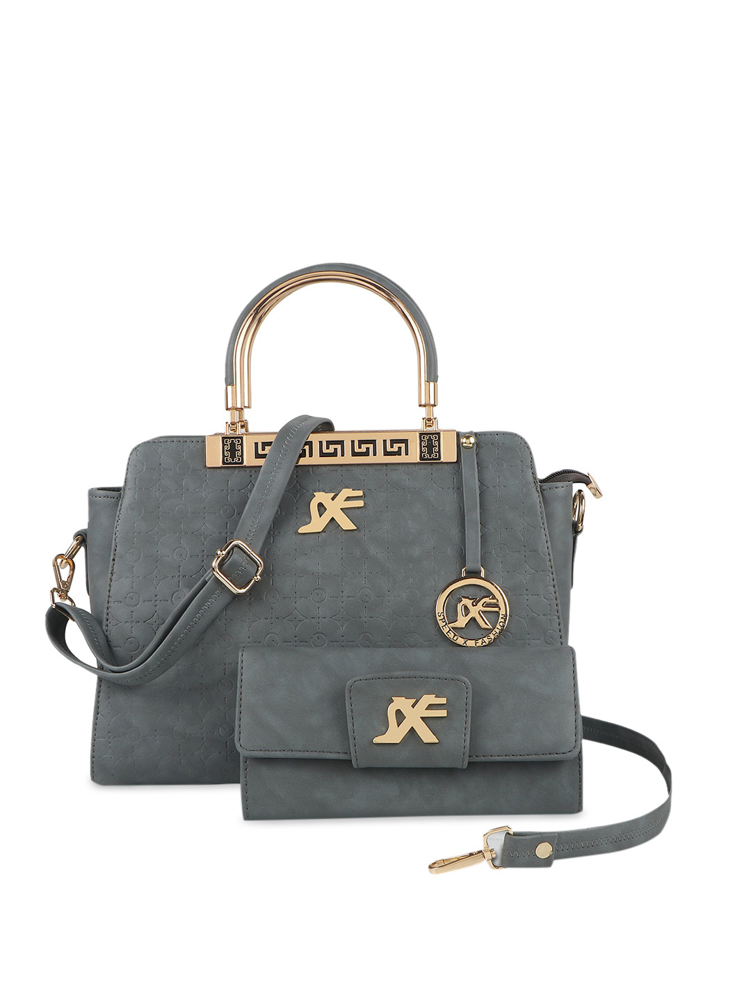 

SXF SPEED X FASHION Woman Grey PU Oversized Structured Handheld Bag with Applique