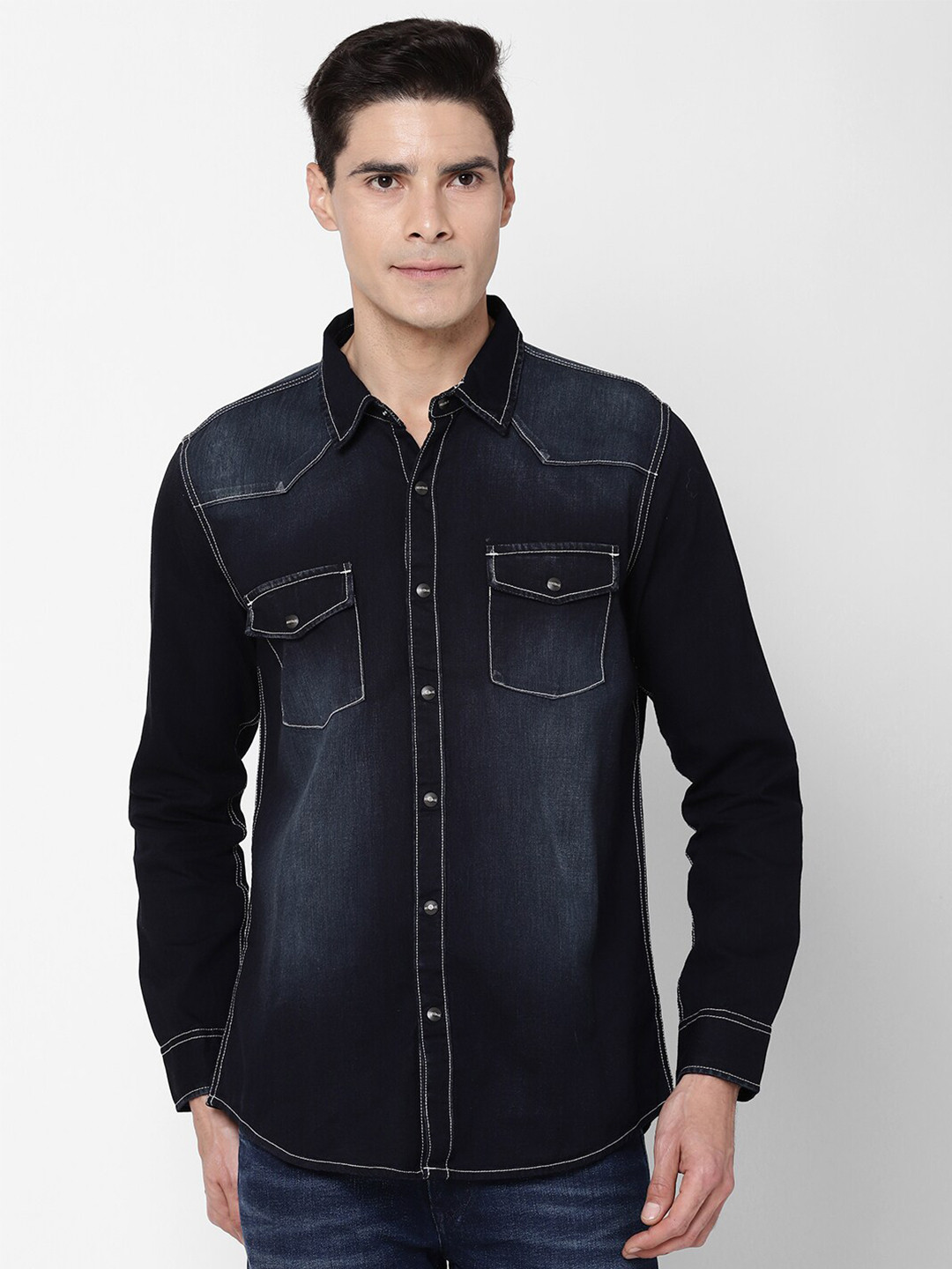 

Pepe Jeans Men Navy Blue Faded Pure Cotton Casual Shirt