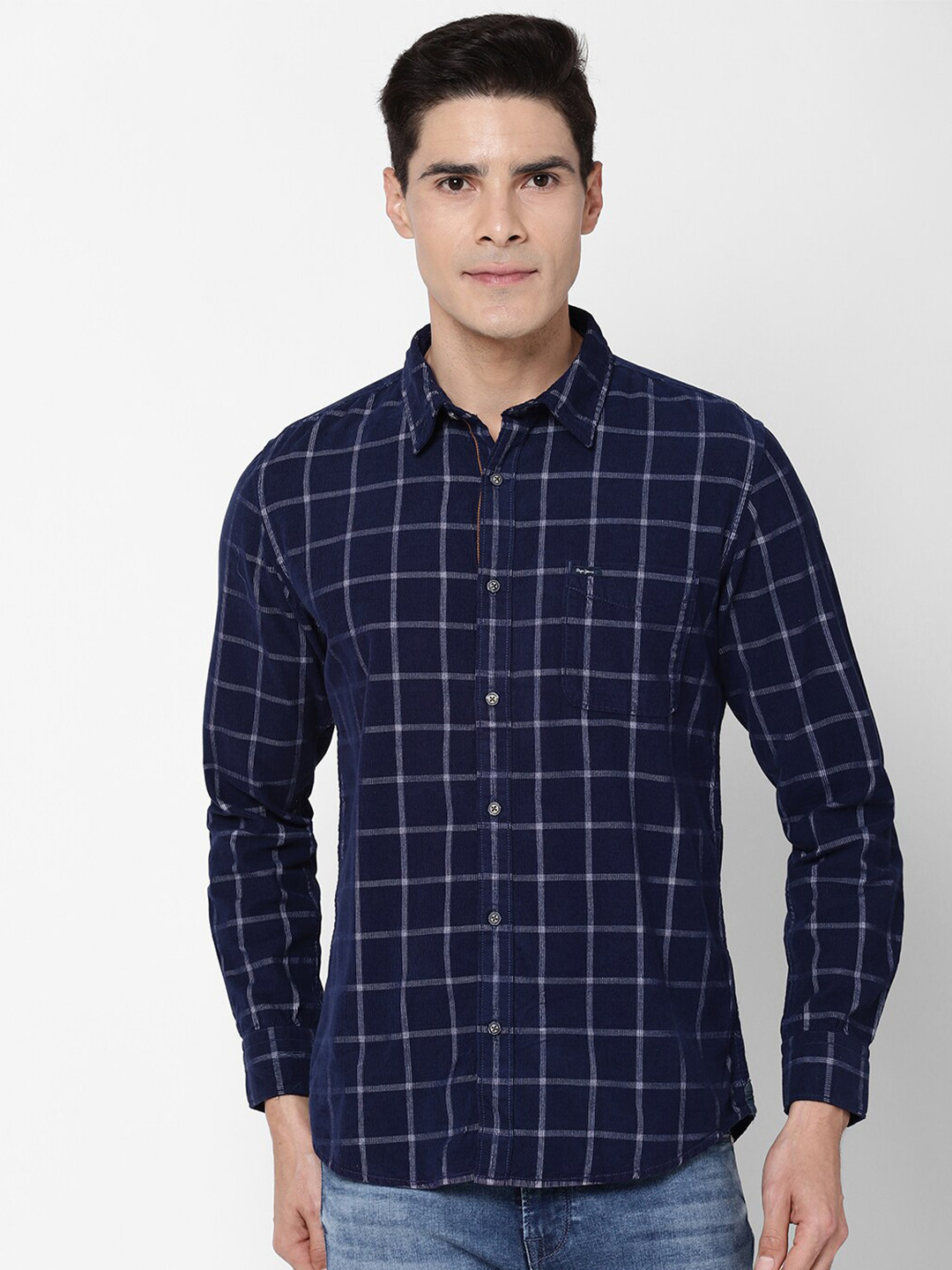 

Pepe Jeans Men Navy Blue Windowpane Checks Checked Pure Cotton Casual Shirt