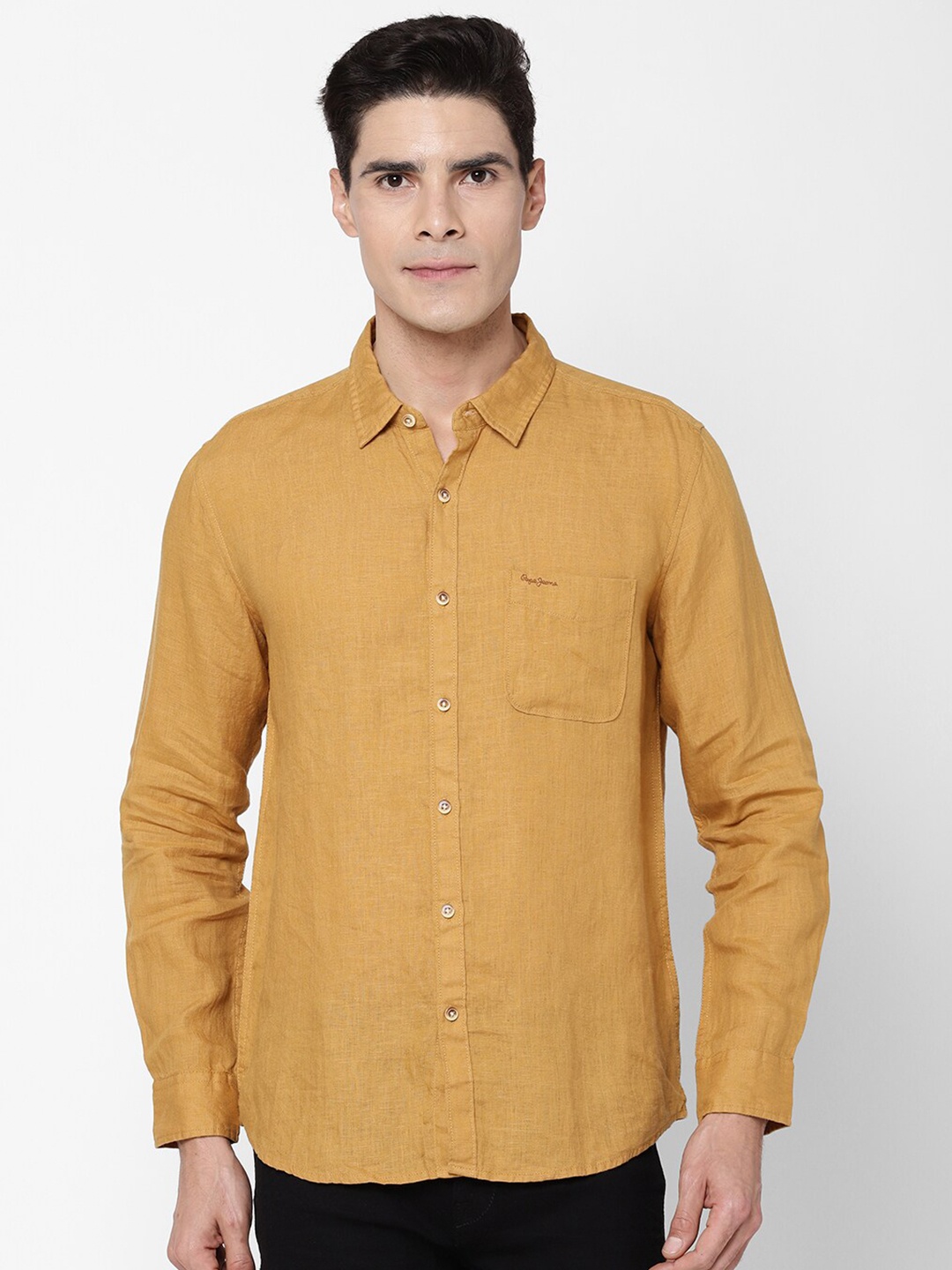 

Pepe Jeans Men Mustard Yellow Pure Linen Casual Shirt