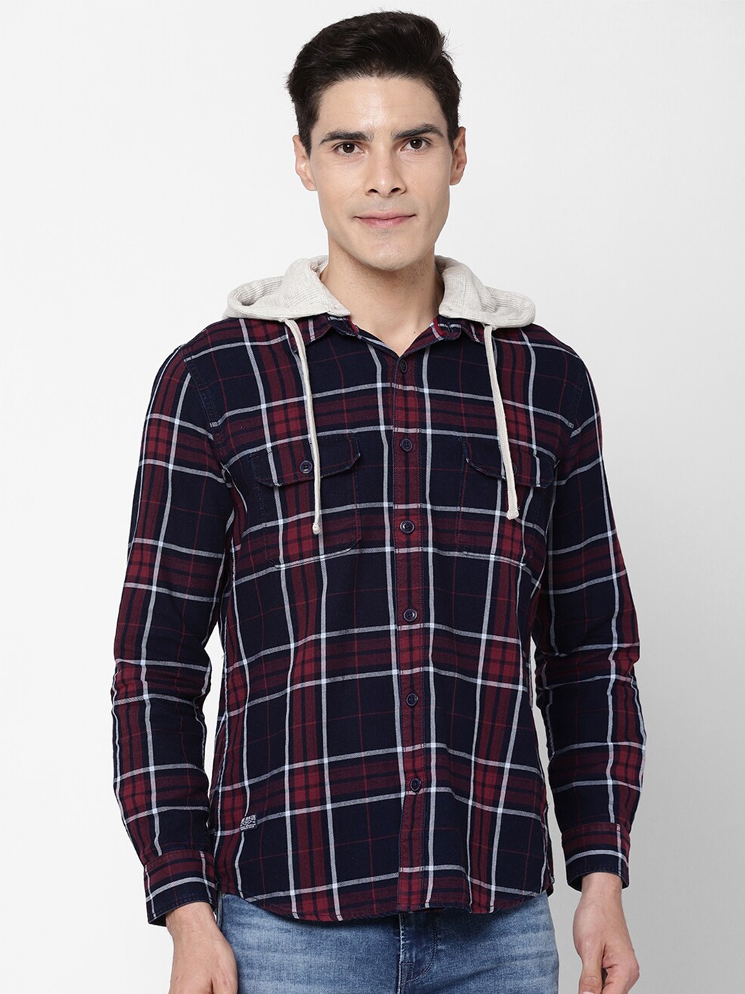 

Pepe Jeans Men Navy Blue Windowpane Checked Hooded Shirt