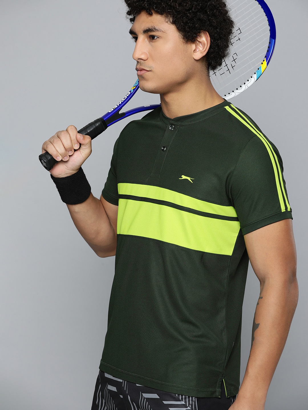 

Slazenger Men Olive Green Striped Ultra-Dry Regular Fit T-shirt