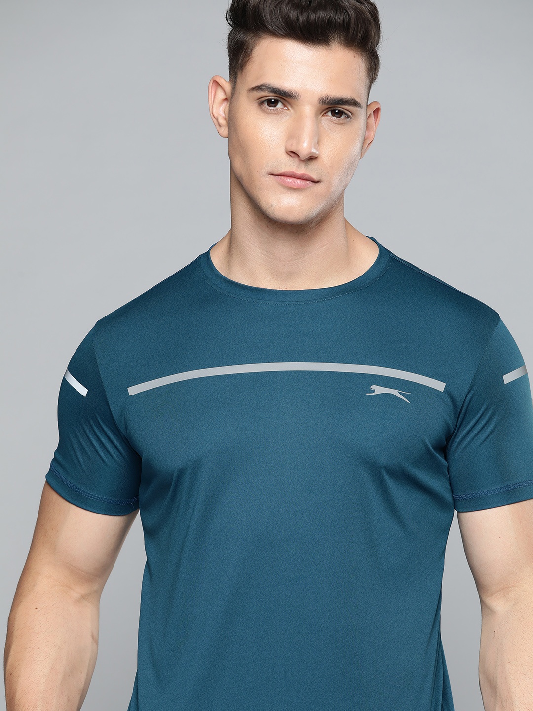 

Slazenger Men Teal Blue Reflective Details Slim Fit Running T-shirt