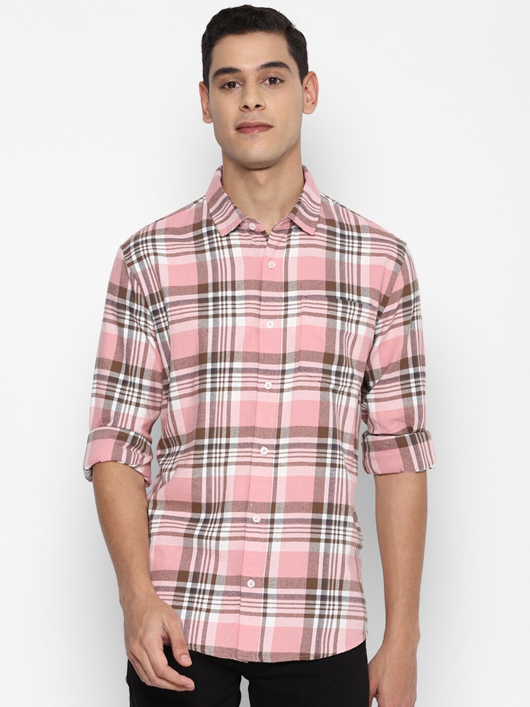 

FOREVER 21 Men Pink & Brown Tartan Checks Checked Casual Shirt