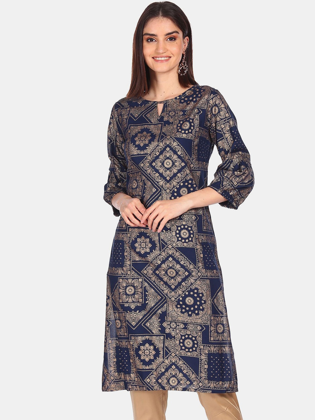 

Karigari Women Navy Blue & Gold-Toned Quirky Printed Kurta