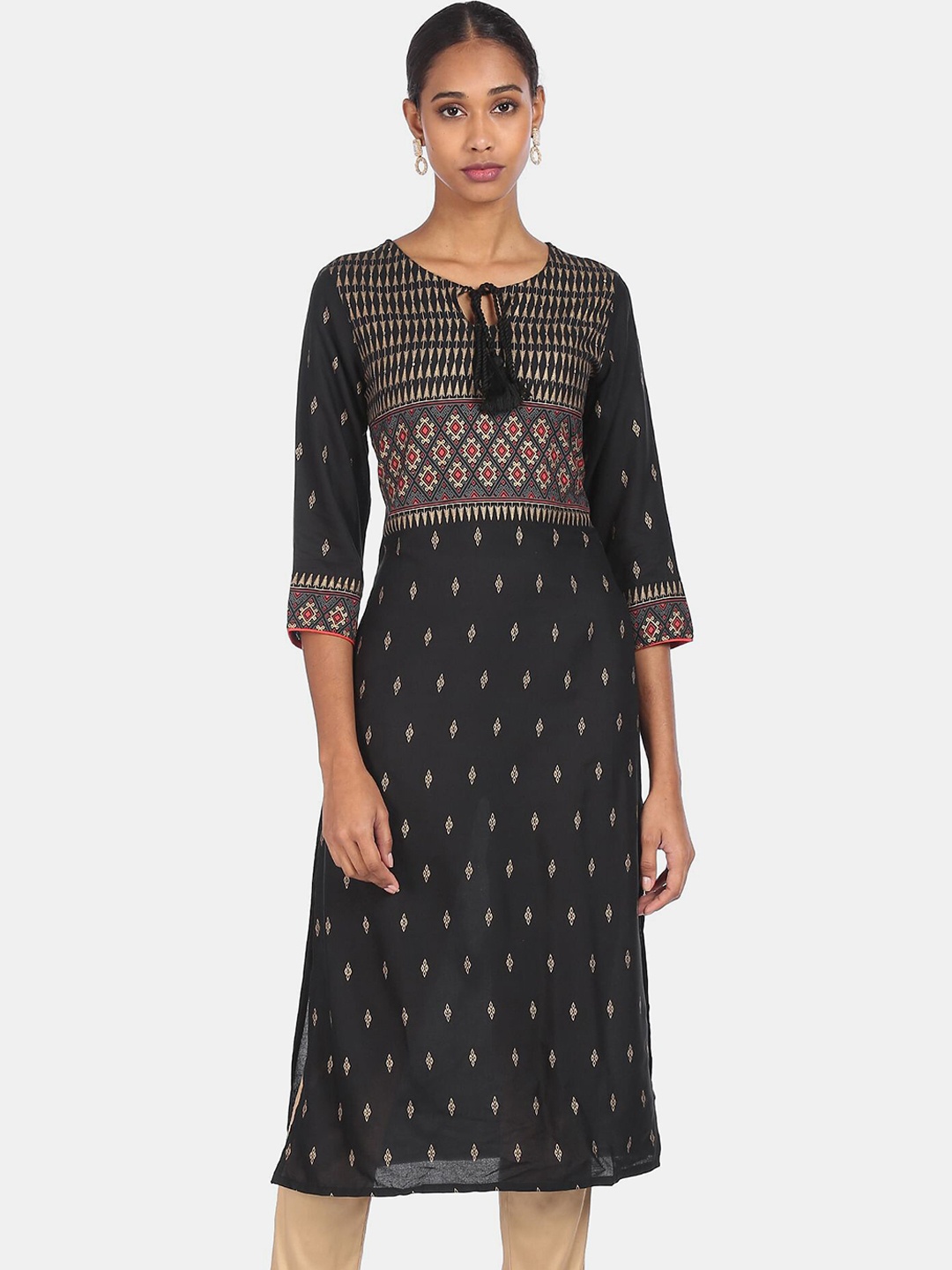 

Karigari Women Black Ethnic Motifs Printed Kurta With Sequinned Detail