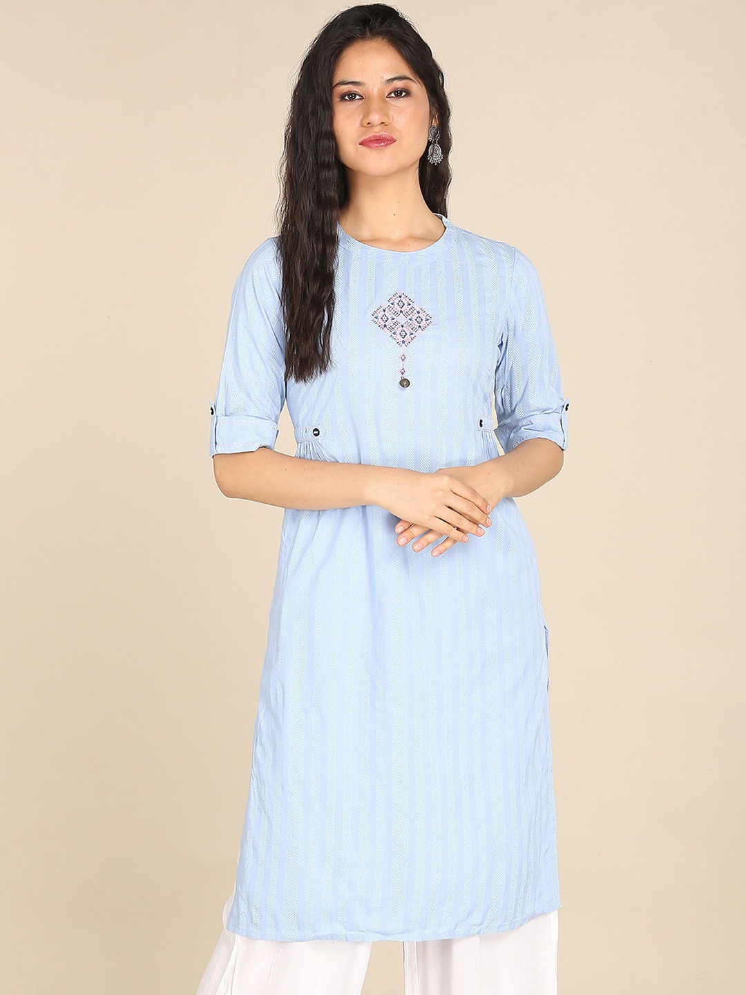 

Karigari Women Blue Ethnic Motifs Embroidered Thread Work Kurta
