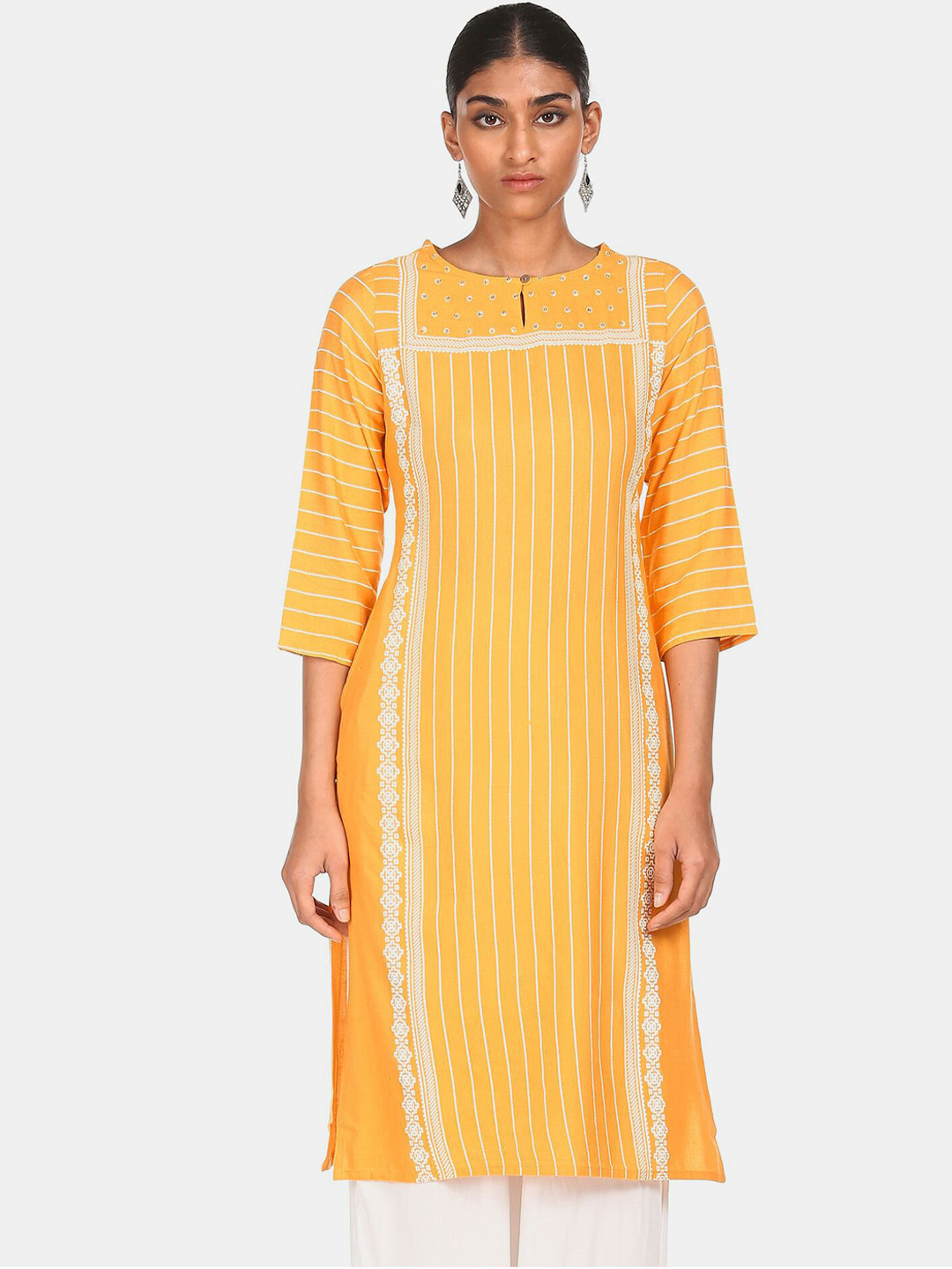 

Karigari Women Yellow Striped Thread Work Kurta