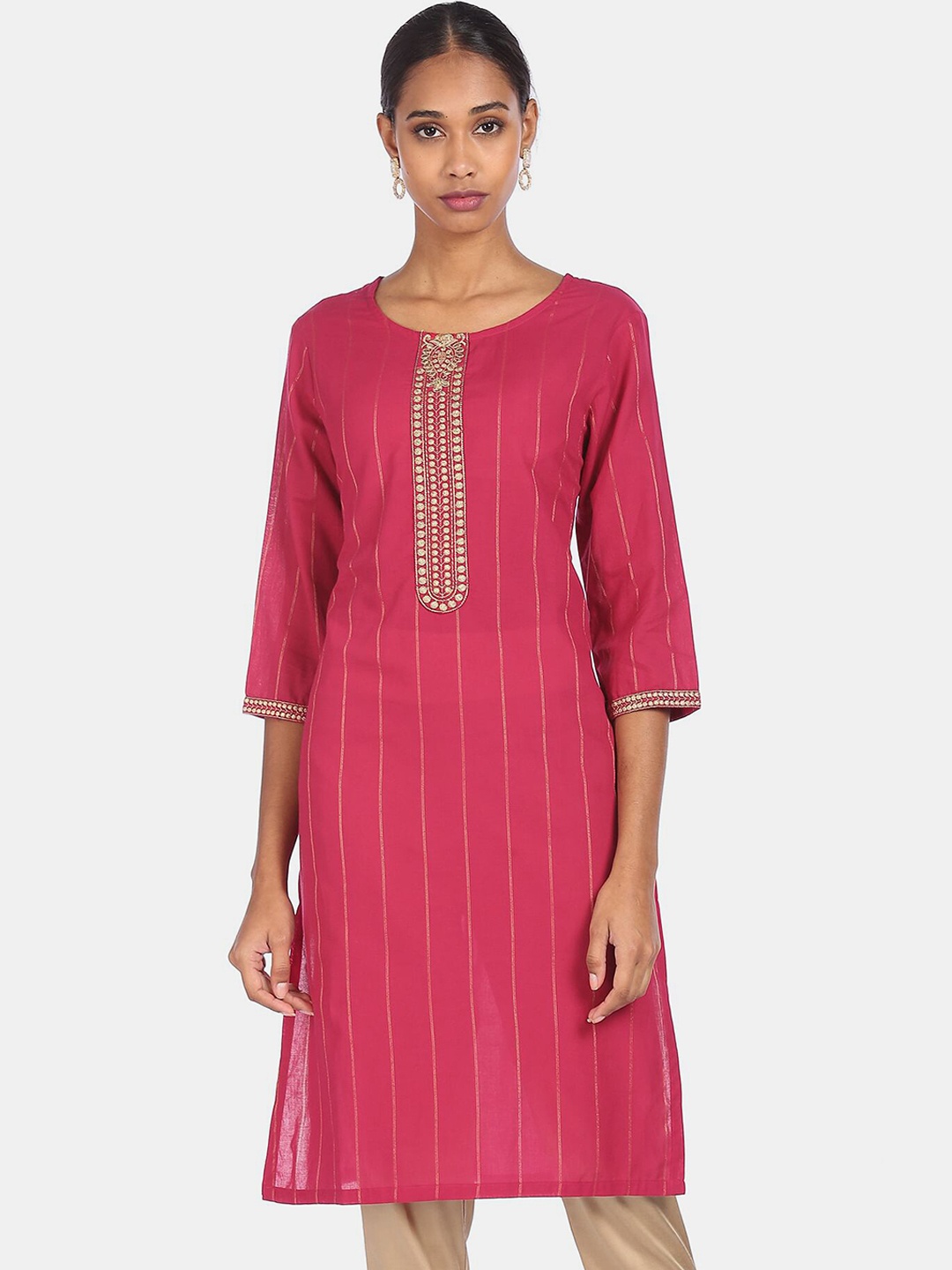 

Karigari Women Pink & Gold-Toned Striped Round Neck Pure Cotton Straight Kurta