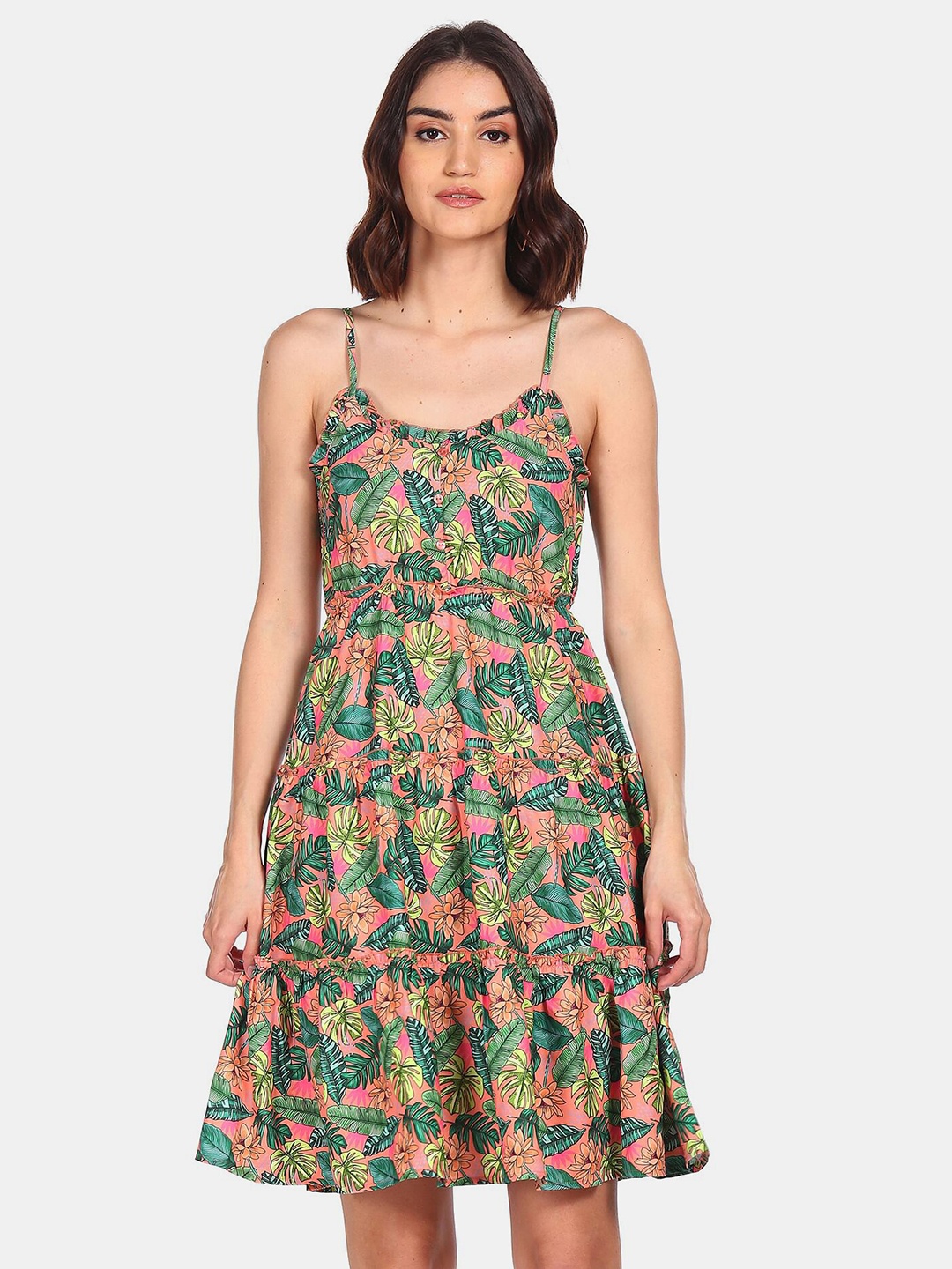 

Sugr Green & Pink Floral Printed Shoulder Strap Dress