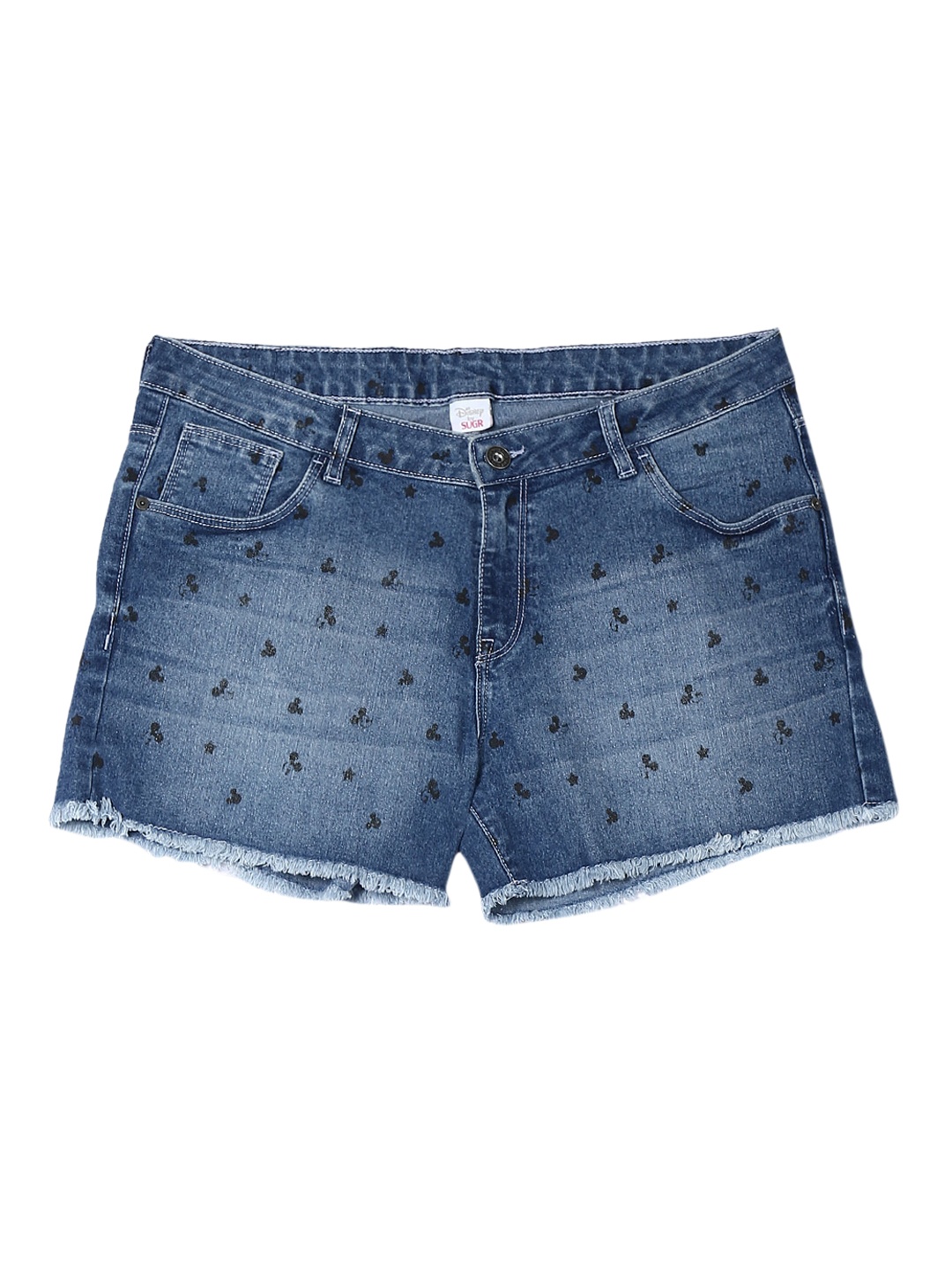 

Sugr Women Blue Washed Minnie Mouse Printed Denim Shorts
