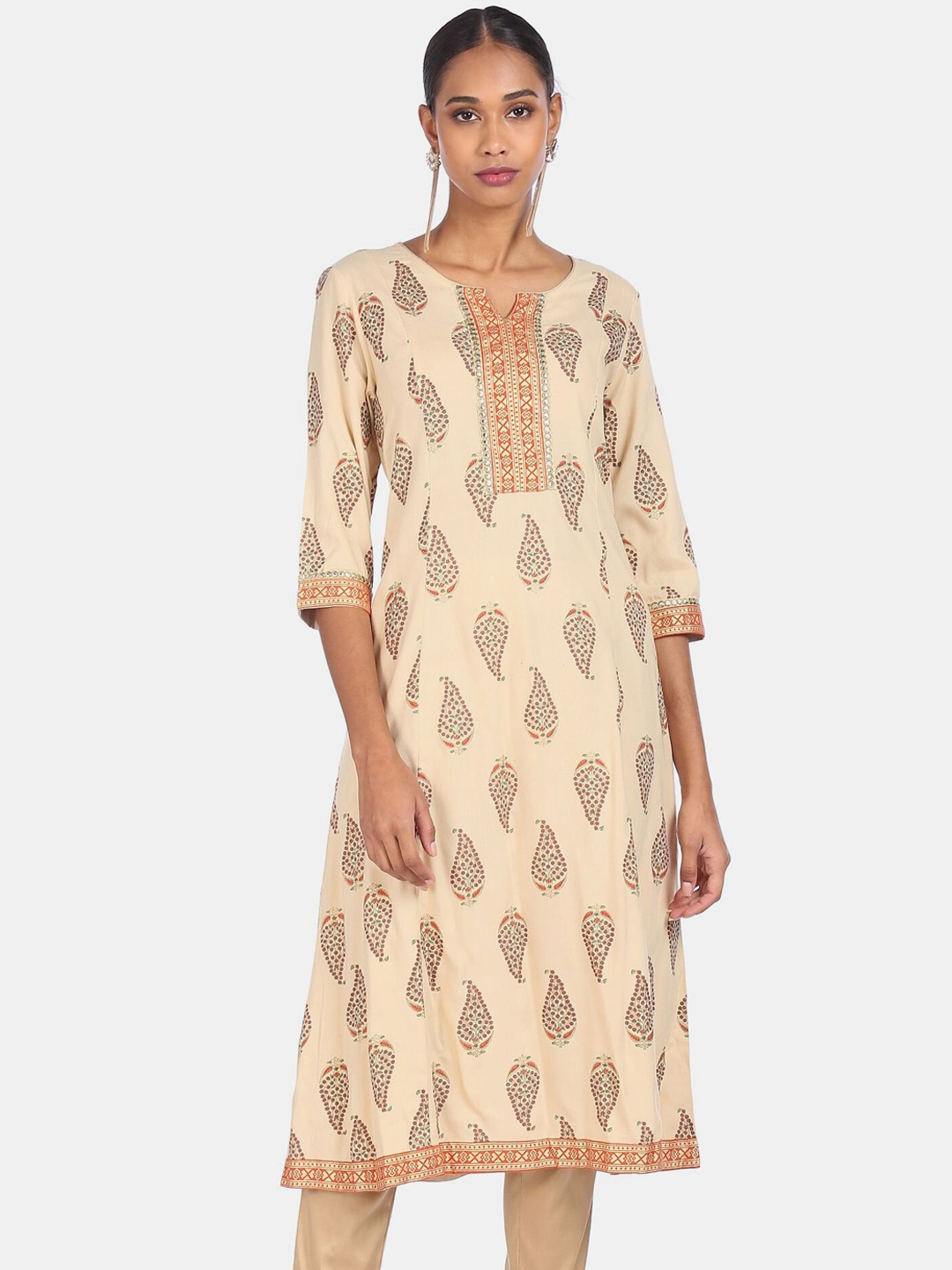 

Anahi Women Beige Paisley Keyhole Neck Kurta