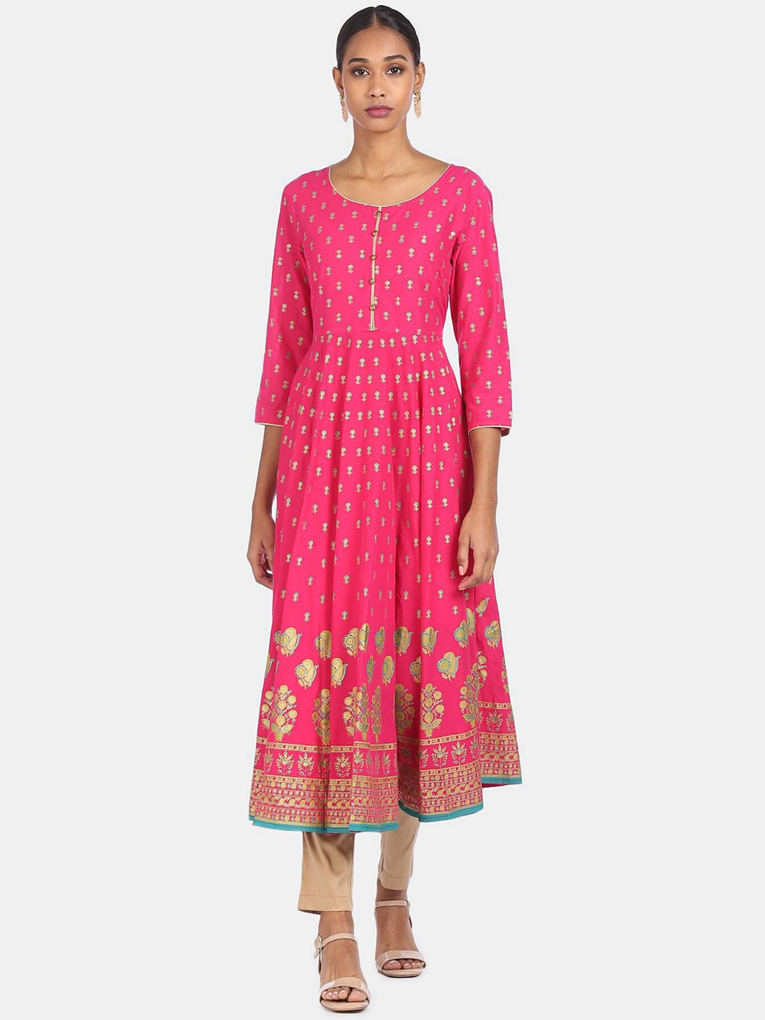 

Anahi Women Pink & Blue Ethnic Motifs Printed Round Neck Anarkali Kurta