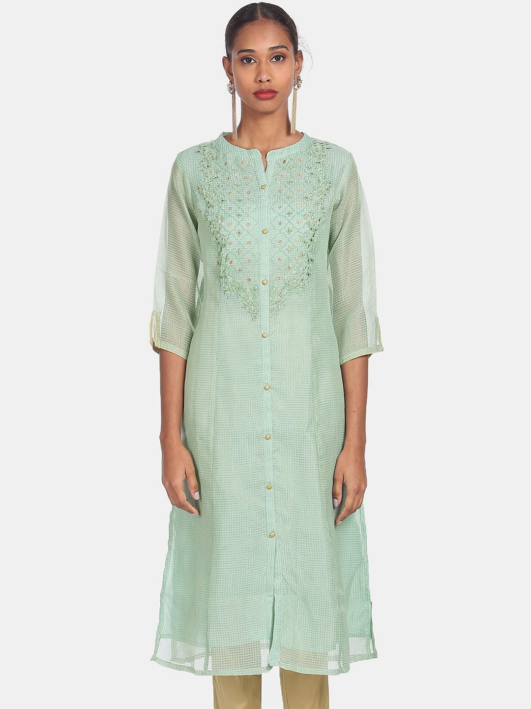 

Anahi Women Green Flared Sleeves Thread Work Kurta