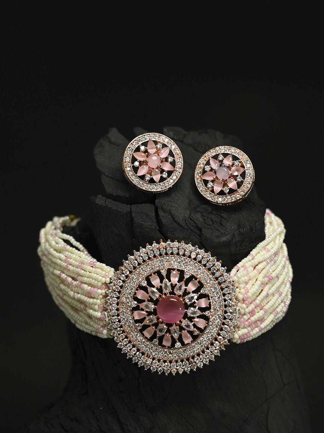 

justpeachy Gold-Plated Pink & White AD-Studded & Beaded Jewellery Set