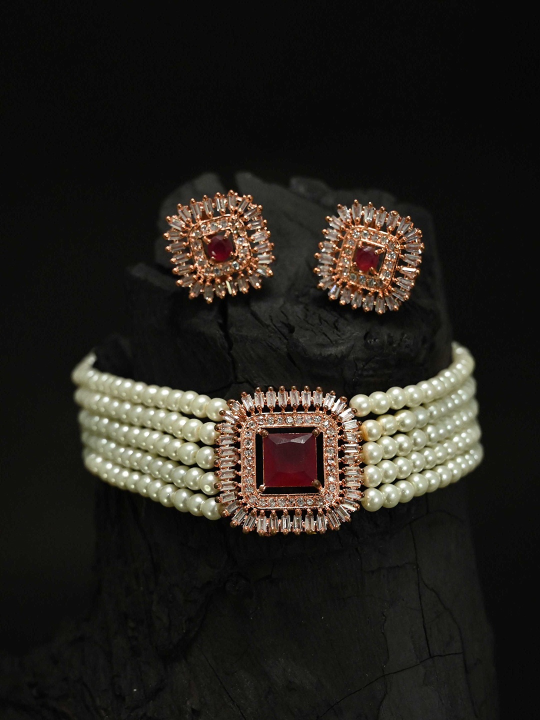 

justpeachy Rose Gold-Plated Red & White AD-Studded & Beaded Jewellery Set