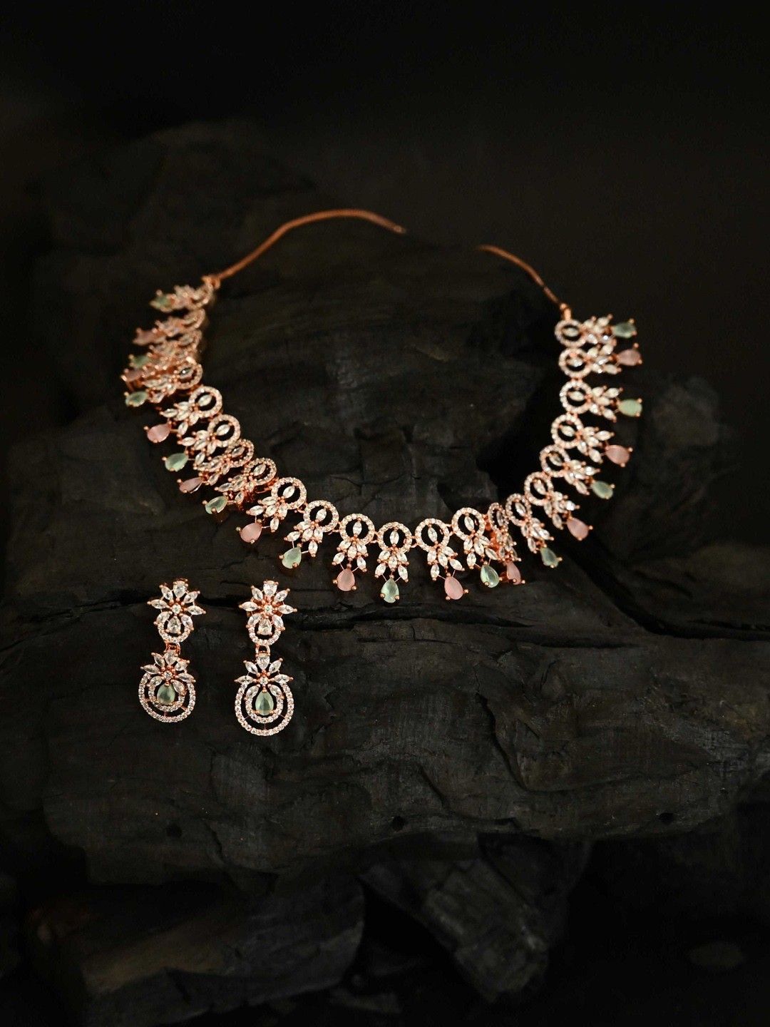 

justpeachy Rose Gold-Plated White & Pink AD-Studded Jewellery Set