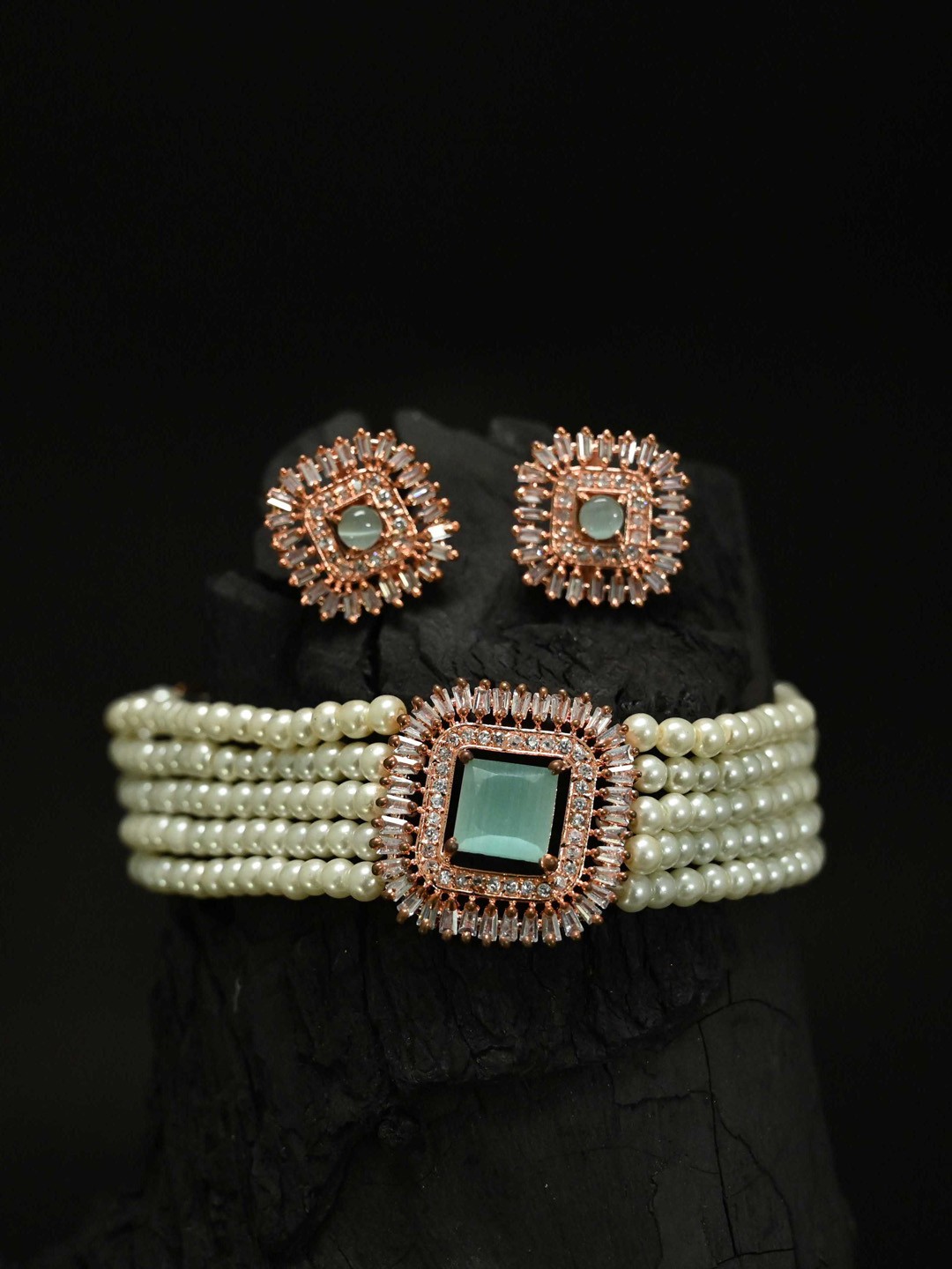 

justpeachy Rose Gold-Plated Green & White AD-Studded & Beaded Jewellery Set
