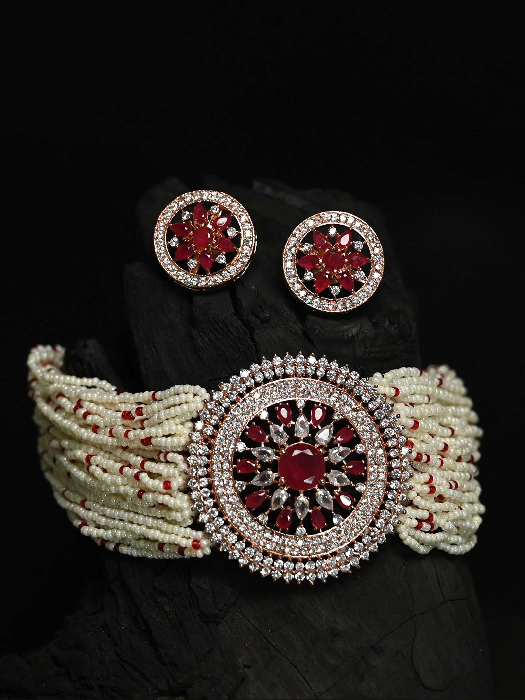 

justpeachy Gold-Plated Red & White AD-Studded & Beaded Jewellery Set