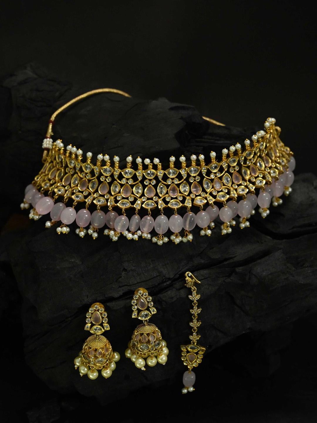 

justpeachy Gold-Plated White & Pink Stone-Studded & Pearl Beaded Jewellery Set