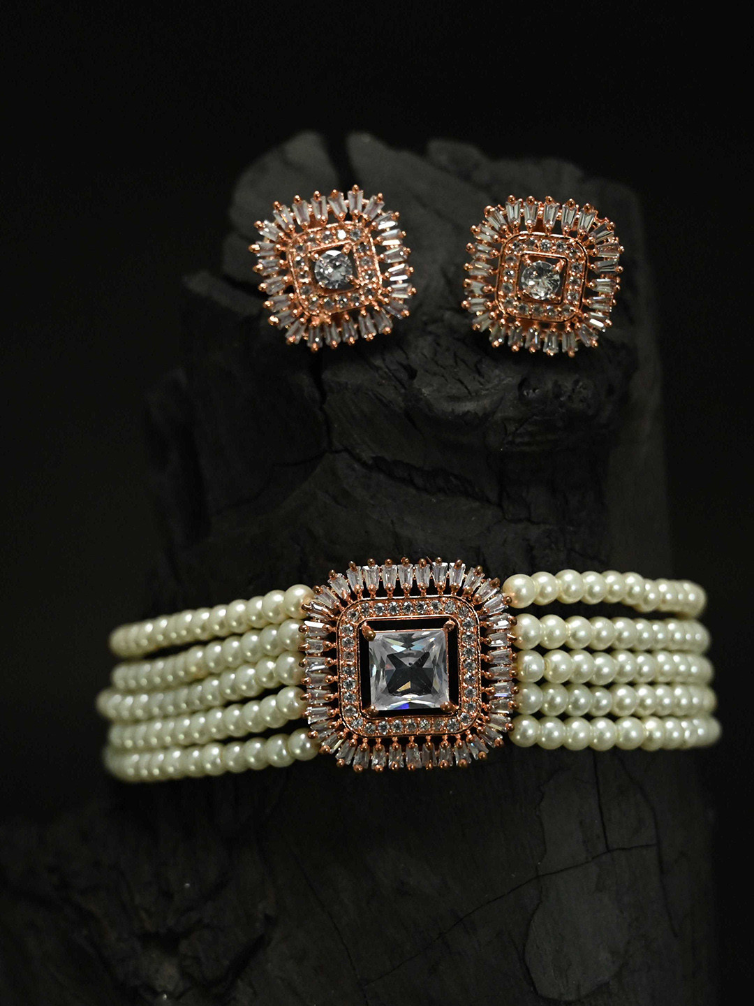 

justpeachy Rose Gold-Plated White AD Studded Jewellery Set