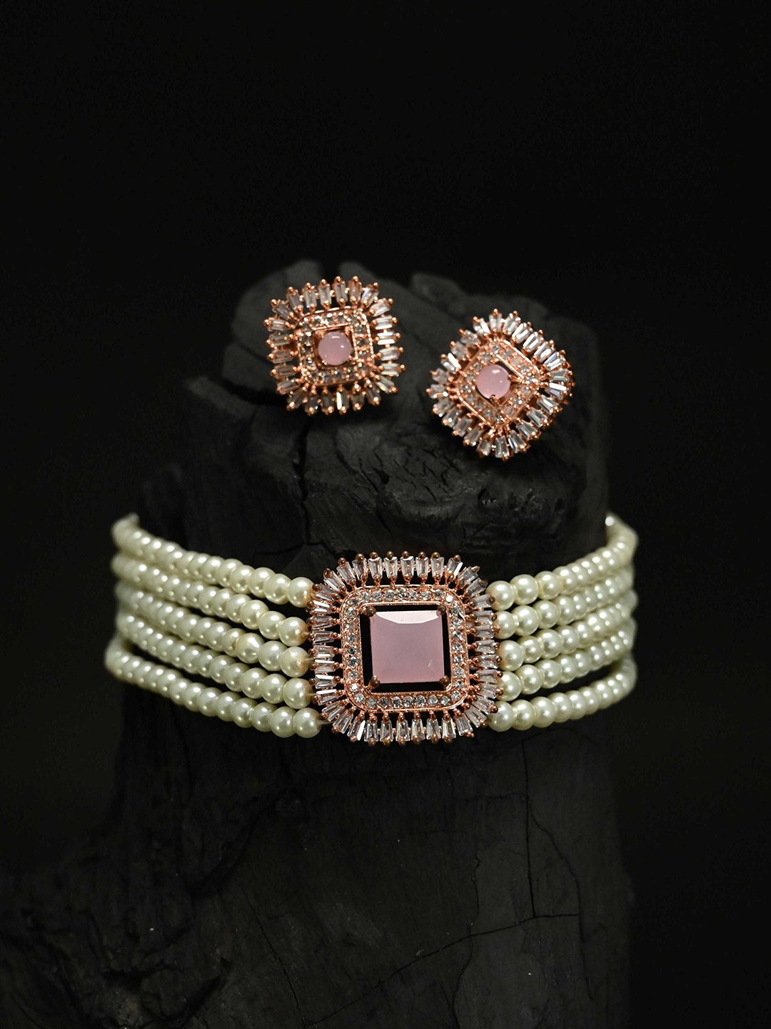 

justpeachy Rose Gold-Plated White & Pink AD-Studded & Pearl Beaded Jewellery Set