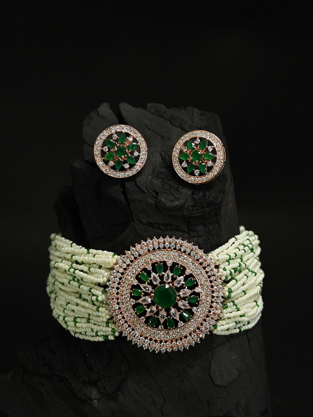 

justpeachy Gold-Plated Green & White AD-Studded & Beaded Jewellery Set