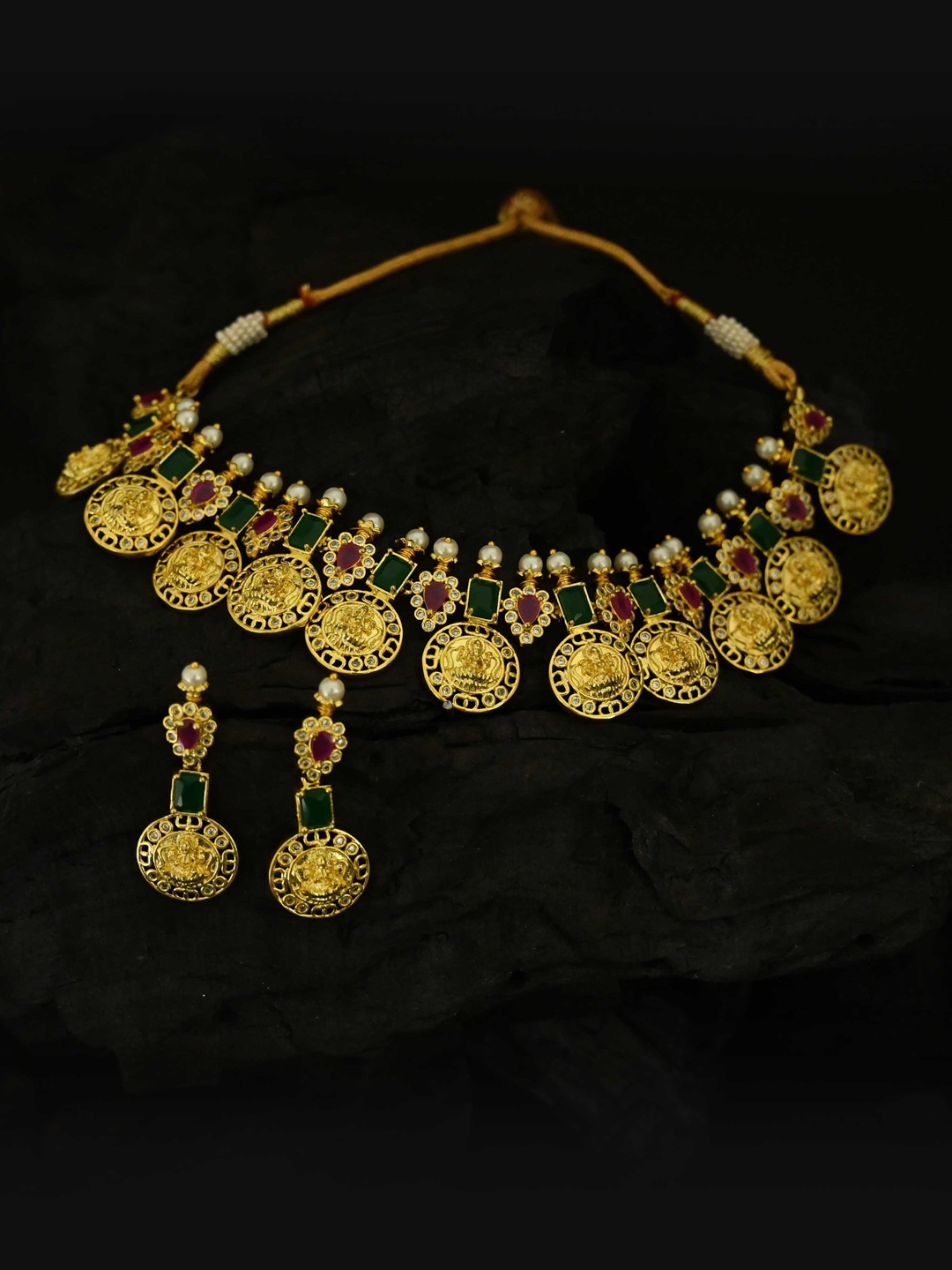 

justpeachy Gold-Plated Green & Pink Stone-Studded Jewellery Set