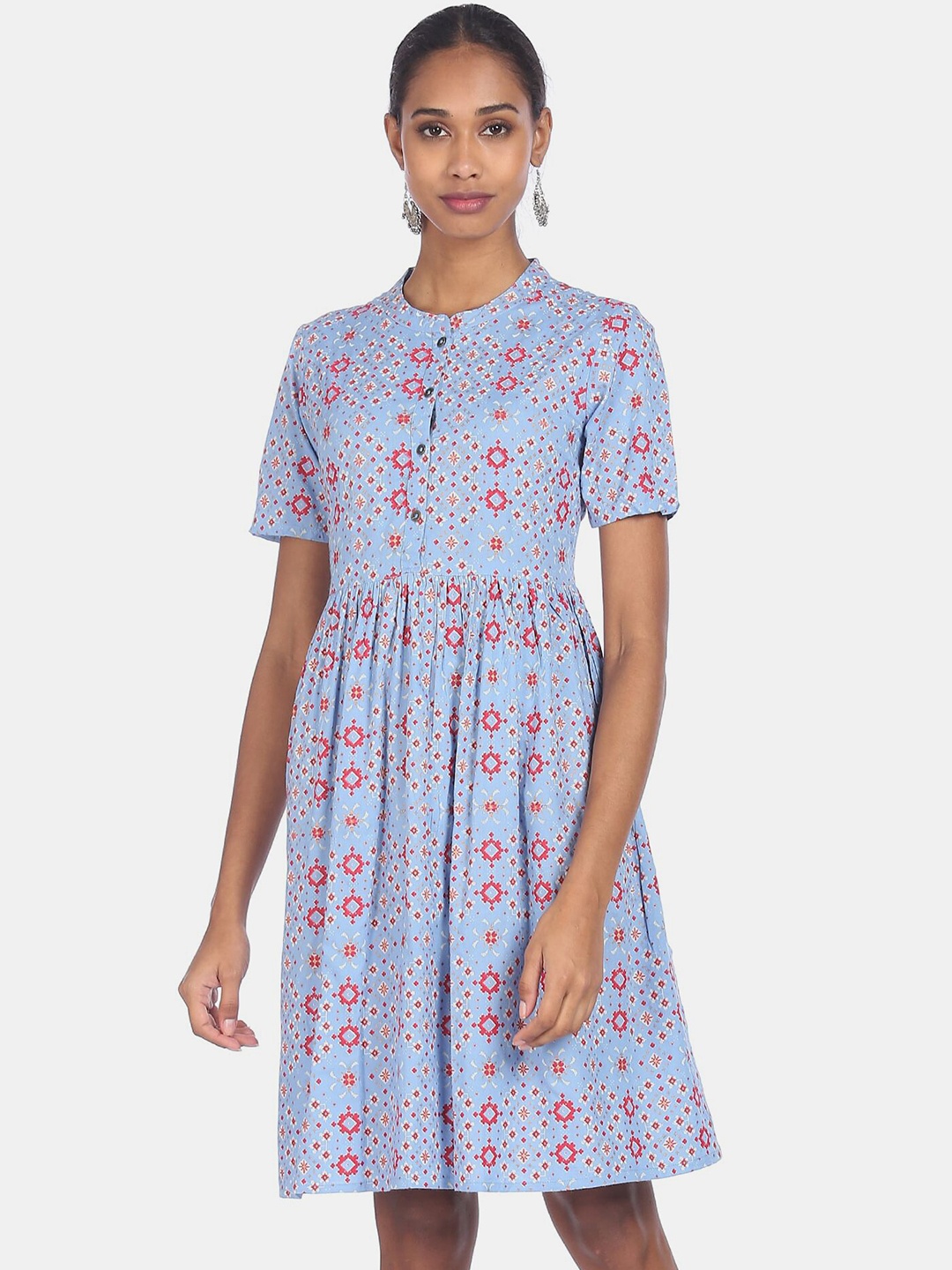 

Karigari Women Blue & Red Ethnic Motifs Mandarin Collar Fit & Flare Dress
