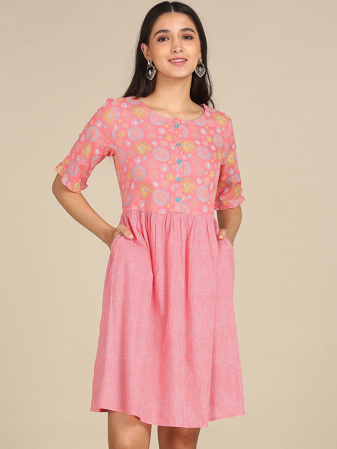 

Karigari Pink Floral A-Line Dress