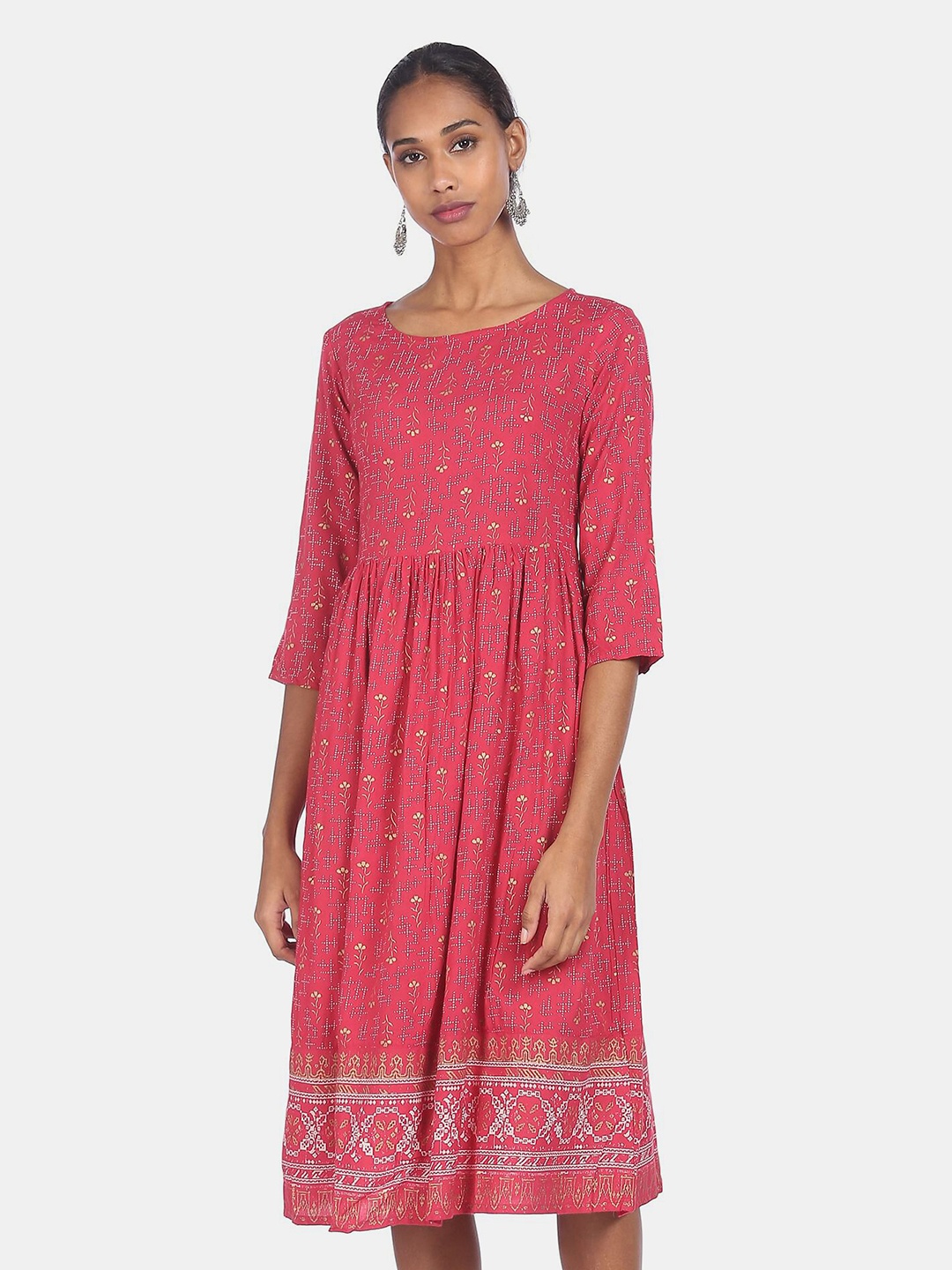

Karigari Red Floral Printed Fit & Flare Dress