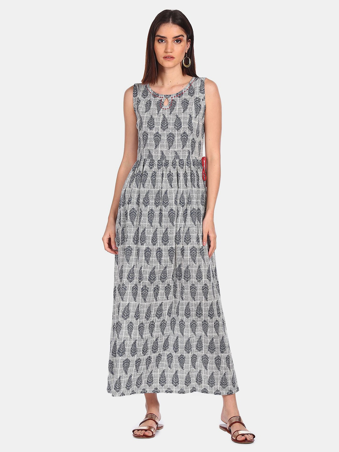 

Karigari Grey & Navy Blue Tropical Keyhole Neck A-Line Maxi Dress