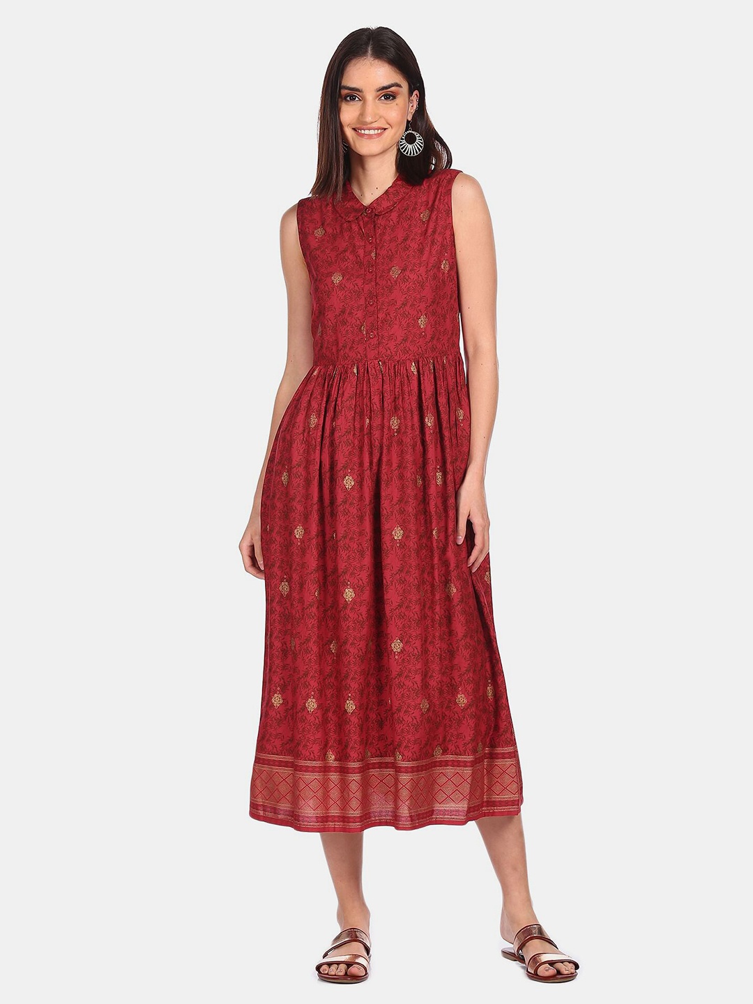 

Karigari Red Ethnic Motifs Printed A-Line Midi Dress