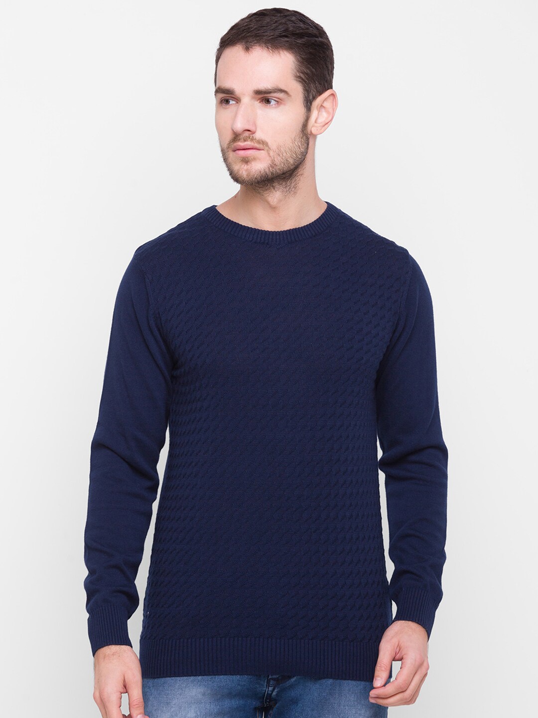 

Globus Men Navy Blue Self Design Round Neck T-shirt