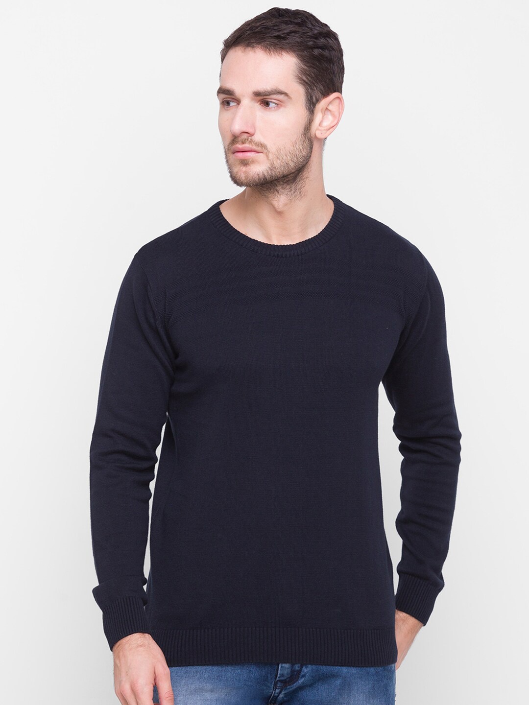 

Globus Men Navy Blue Solid Winter Cotton Sweater