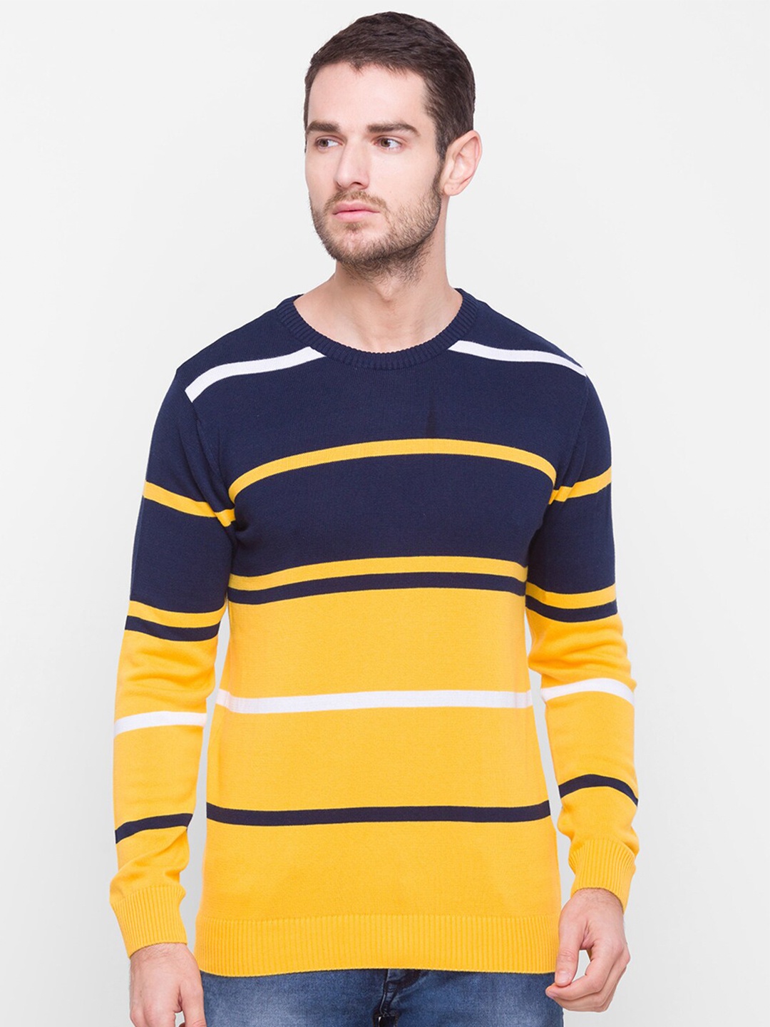 

Globus Men Yellow & Navy Blue Colourblocked T-shirt