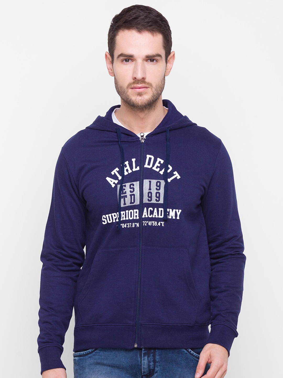 

Globus Men Navy Blue Typography Printed Hooded Sweatshirt